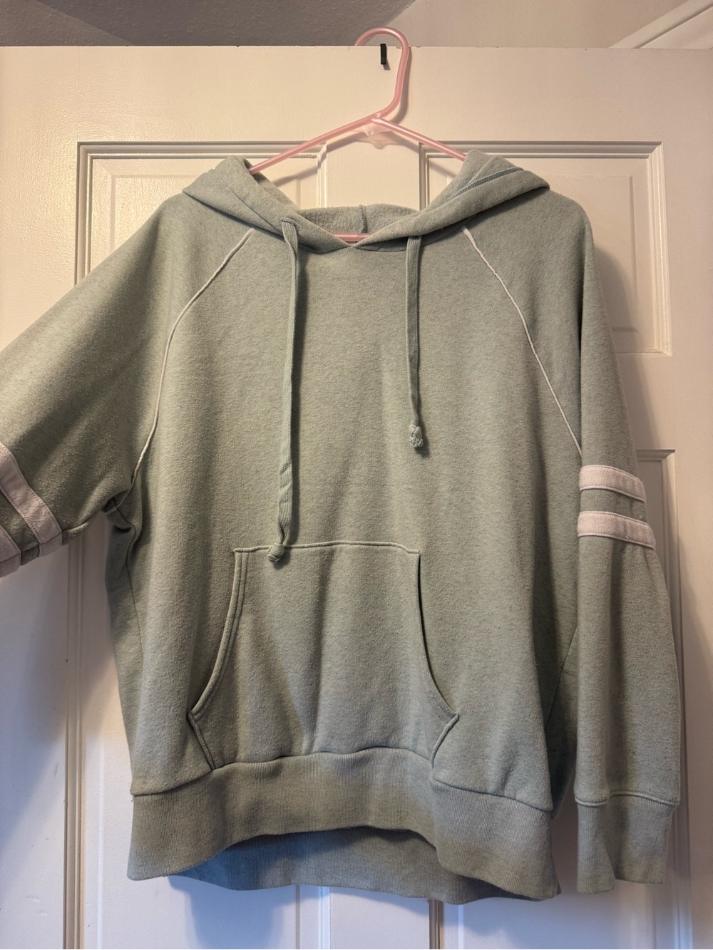 American Eagle Outfitters Sage Green Hooded Pullover with White Sleeve Stripes